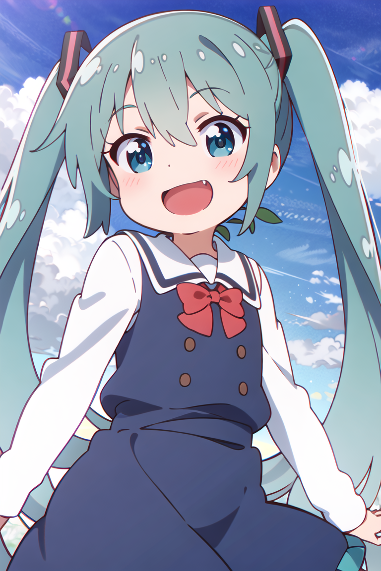 17907-483669870-hatsune miku, school uniform,child, smile,open mouth, skin fang,blue dress,sleeveless dress, white shirt, long sleeves,red bow,.png
